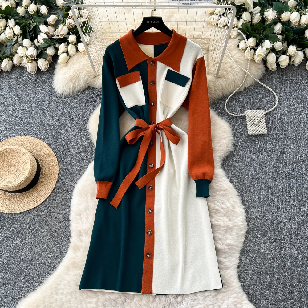 

Women Knitted Dresses A Line Belted Dress Color Blocked Mid Claf Lenth Long Sleeves Waist Cinch Loose Elegant Casual 2025 Spring