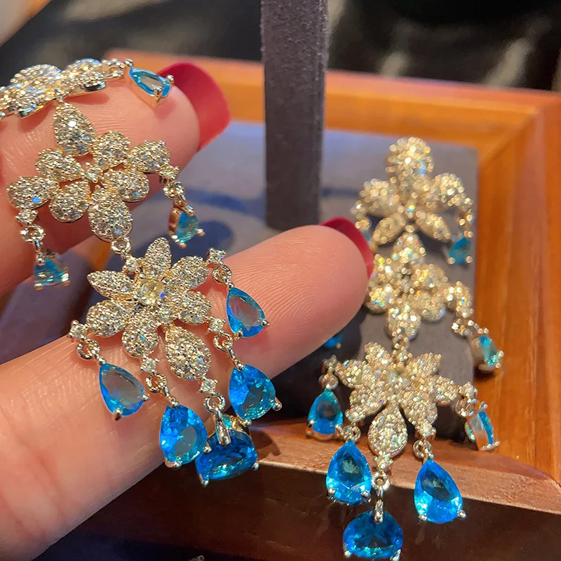 2023 Tren Mewah Kubik Zirkonia Bunga Biru Kristal Menjuntai Anting Menjuntai untuk Wanita Pesta Pernikahan Korea Fashion Perhiasan Hadiah