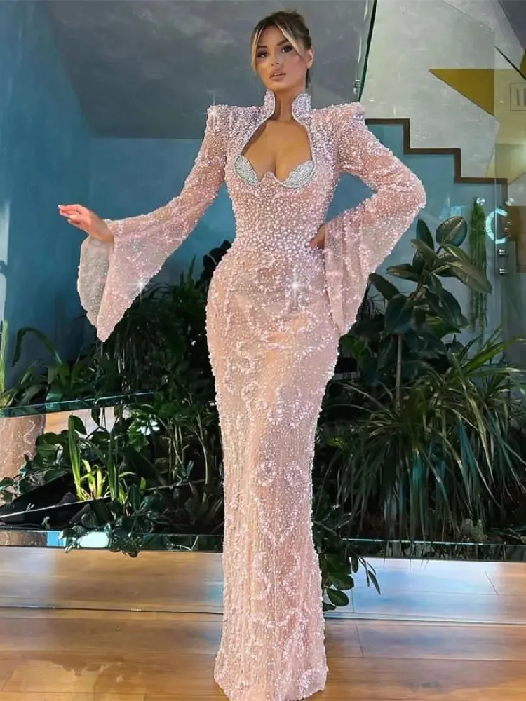 Pink Evening Dresses V Neck Long Sleeves Sparkly Sequins Appliques Elegant Pearls Beaded Celebrity Prom Dresses Custom Made