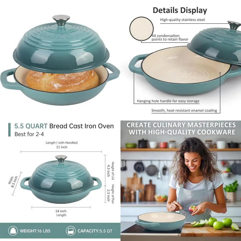 

Enameled Cast Iron Dutch Oven | 5QT Non-Stick Oval Bread Baker, Ideal for Sourdough, Loaf, and Artisan Bread (Round Green)