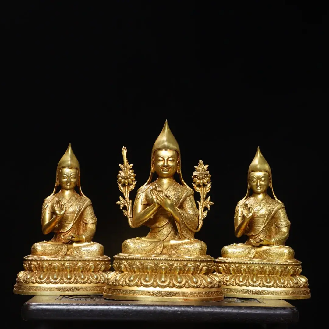 Tibetan Tsongkhapa Three Masters Statue Set Pure Brass Full Gold Plated Buddhist Home Altar Fine Decor