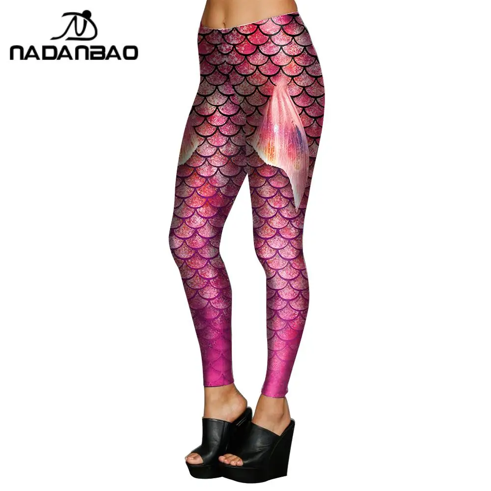 NADANBAO Women Pink Fish Scale Leggings Mermaid Print Pants Outdoor Sports Fitness Workout Trousers Mid Waist Tight Bottom