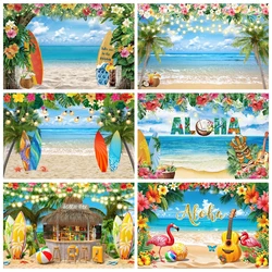 Toile de fond de plage tropicale hawaïenne d'été, rentabilité ha Luau, flamant rose, océan, planche de surf, mariage, fête d'anniversaire, décor de fond de photographie