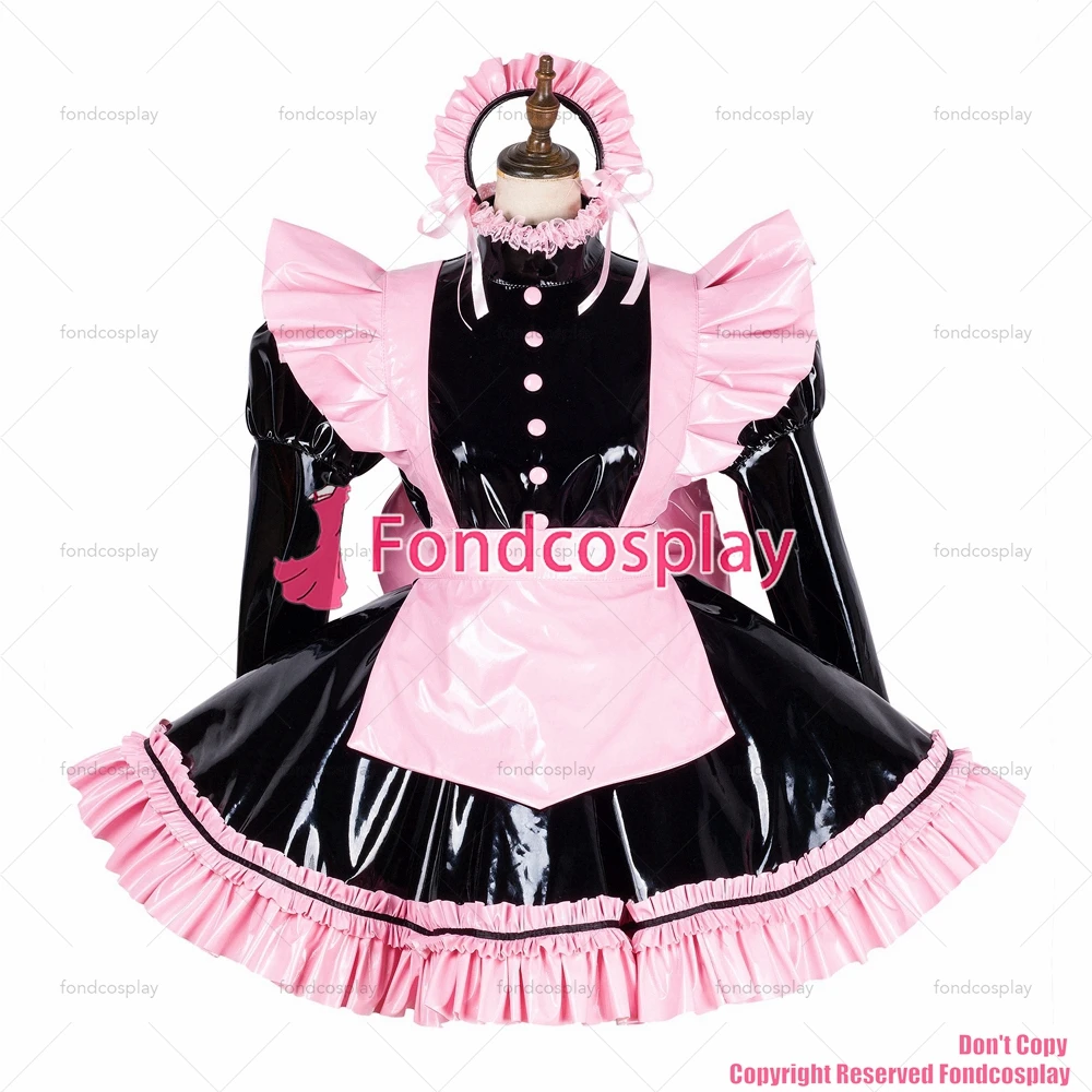 Fondcosplay adulto sexy cross dressing sissy maid bloccabile nero pesante PVC vinile vestito uniforme rosa grembiule CD/TV[G1797]