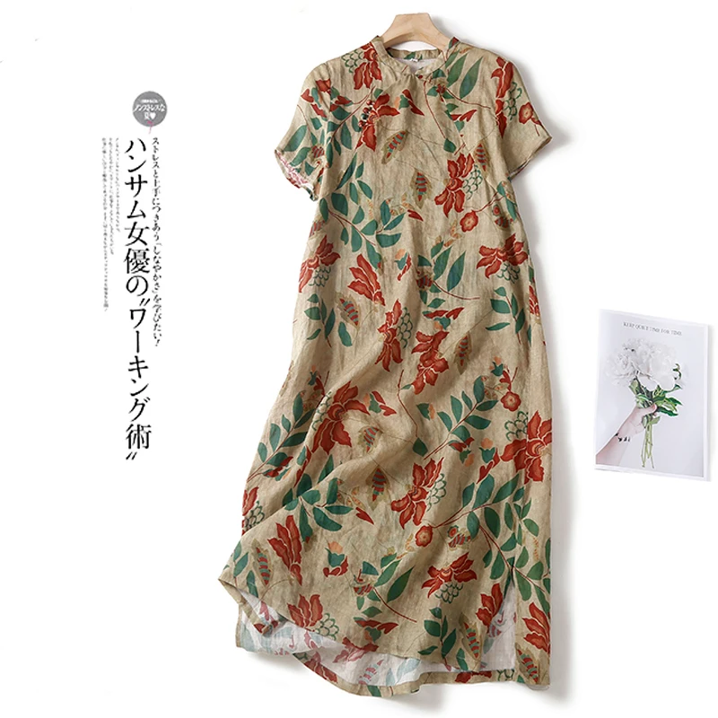 

2022 Summer New Arts Style Women Short Sleeve Stand Collar Long Dress Vintage Print Casual Cotton Linen A-line Dresses C230