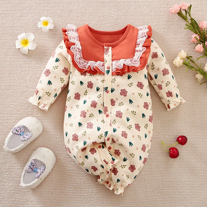 Autumn Baby Girls  Cute Romper Floral Print  Long Sleeves Jumpsuit  Infant Clothes Korean style small emerald flower