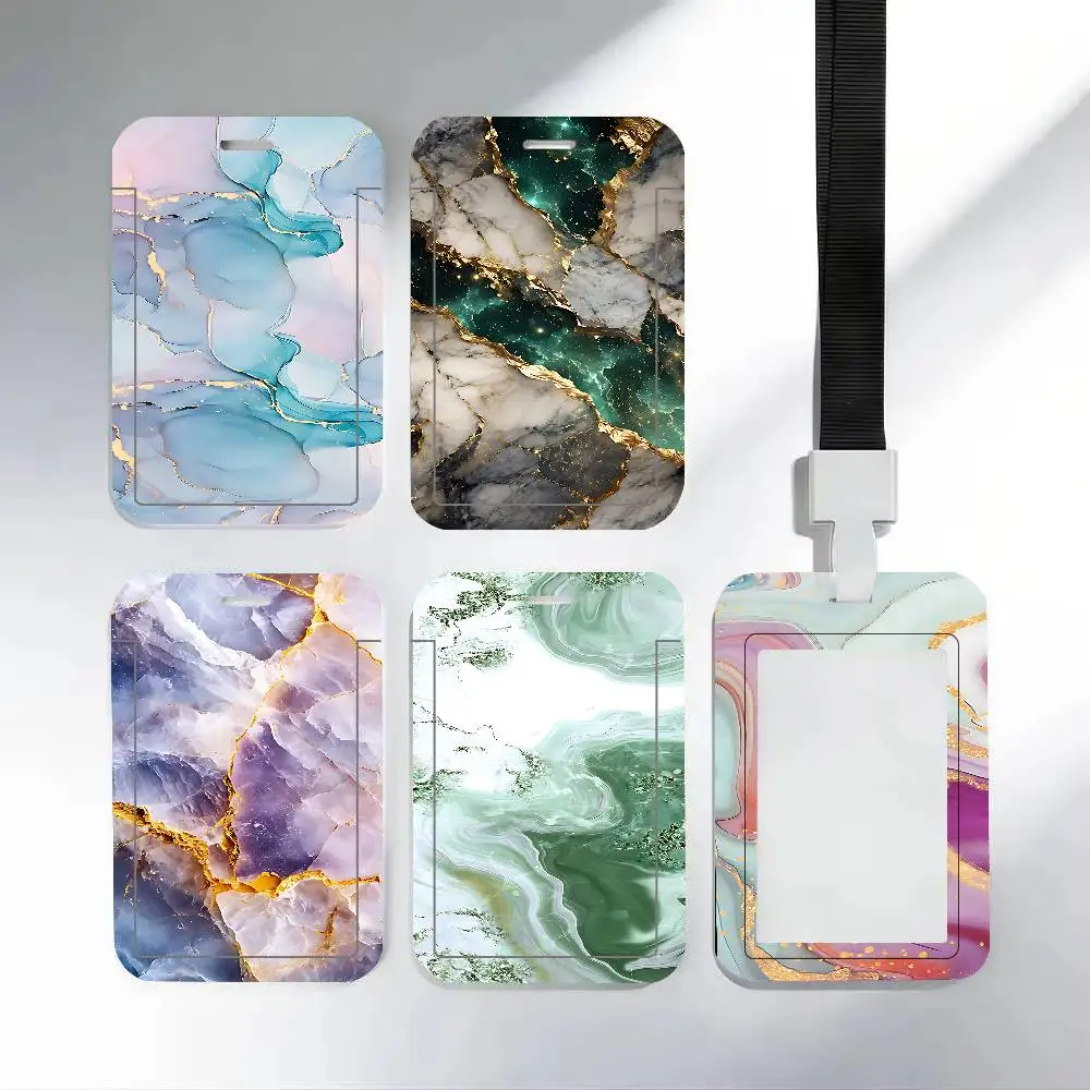 Funny Marble Print ID Card Holder PVC Badge Holder With Lanyard Slot Student Bus Card Cover Office Work Card Case