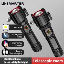 High Power Zoom LED Flashlight with USB Charging COB Safety Hammer Multi-functional Waterproof Aluminum Alloy White Laser Torch