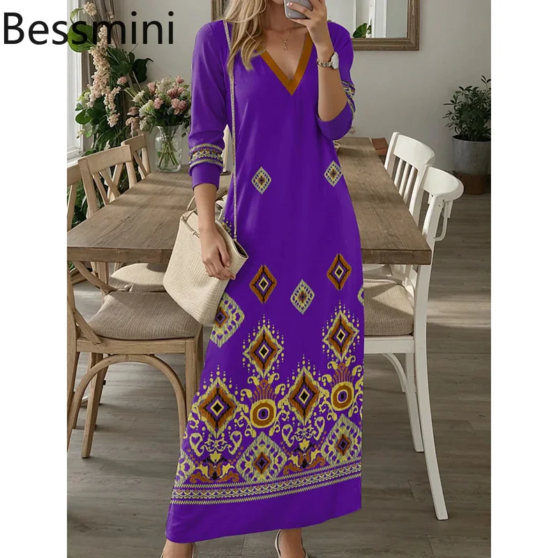 

Ethnic Retro Autumn Digital Printed Boho Long Dress Women Casual V Neck Party Dress Spring Long Sleeve Loose Ladies Maxi Dresses