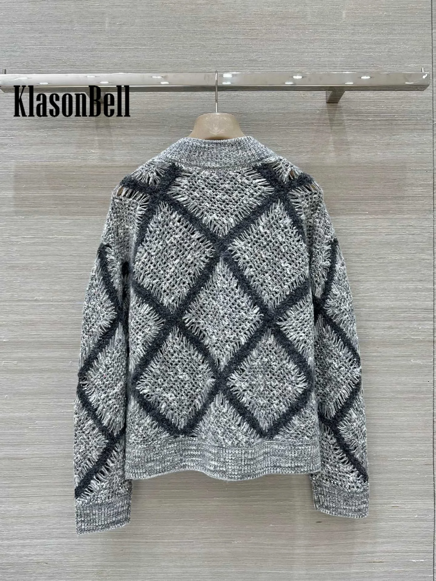 9.8 KlasonBell Women 2024 Autumn New Sequins Argyle Plaid Hollow Out Crochet Cardigan O-Neck Loose Wool Knit Soft Zipper Coat