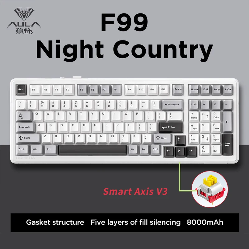 AULA F99PRO Gaming mechanisch toetsenbord 99-toetsen Drie modus Draadloos Hot-swappable pakkingstructuur Aangepast toetsenbord met mediaknop