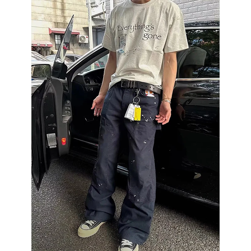 Retro American Vibe Men's Jeans Distred Waed Loose Straight Leg Durable Casual Trousers for Daily Commuting School