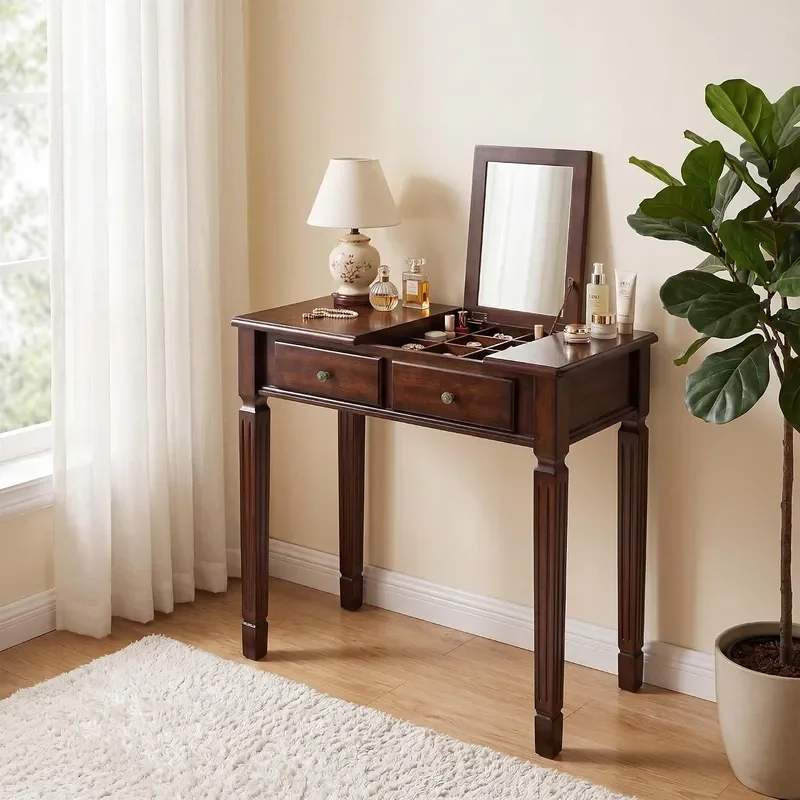 31.5 L Flip Top Vanity Table with Mirror Wood Small Dress Table with 2 Drawers 7 Hidden Compartments Writing Table for