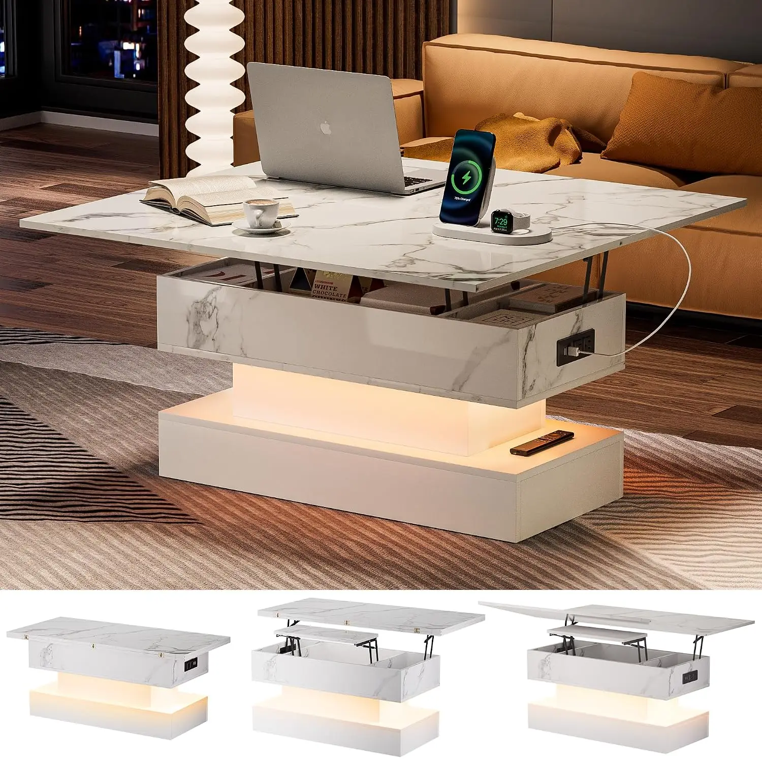 Marble Lift Top Coffee Table With LED Lights & Charging Station, Adjustable Height For Living Room Office, White, Customized