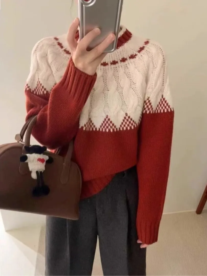 

Women's Thiened Knitted Sweater round Ne Pullover Tapestry Design Inner Wear Loose Sle Autumn Winter Faion Top