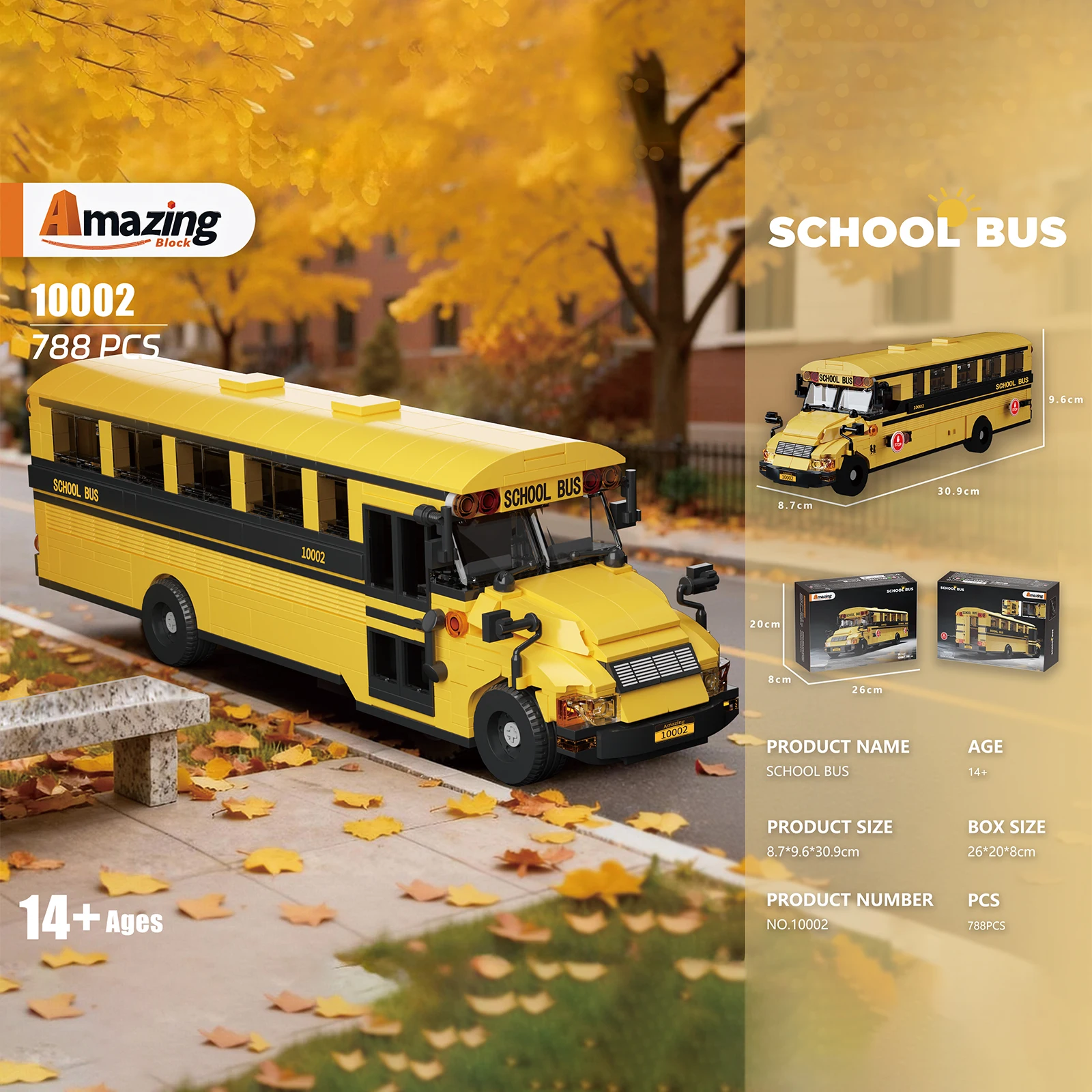 10002 Classic Yellow American School Bus Model 788pcs Building Blocks Kit Assembled Toys for Kid Creativity Birthday Gifts