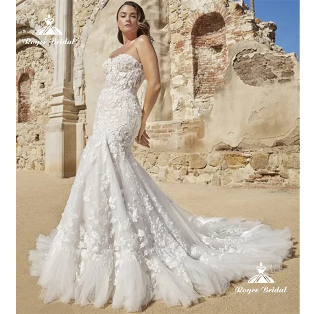 فستان زفاف حورية البحر بدون حمالات من Roycebridal مع قطار مصلى من الدانتيل ، ثوب زفاف ، من Roycebridal