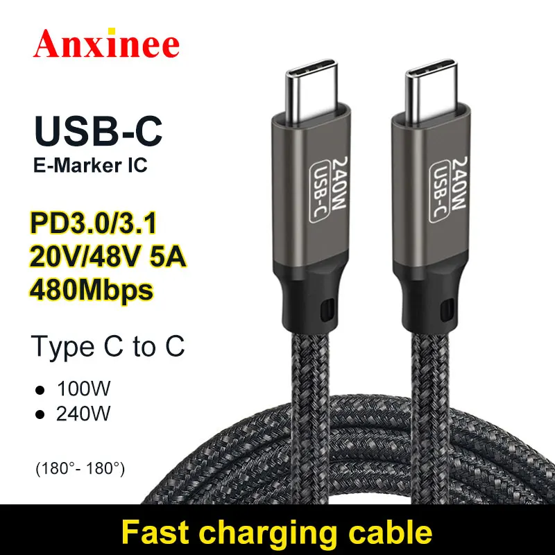 240W PD3.1 QC3.0 100W USB Type C to C Cable Fast Charging Wire for PS5 Switch Galaxy S22 MacBook 48V5A Fast Charging Cable