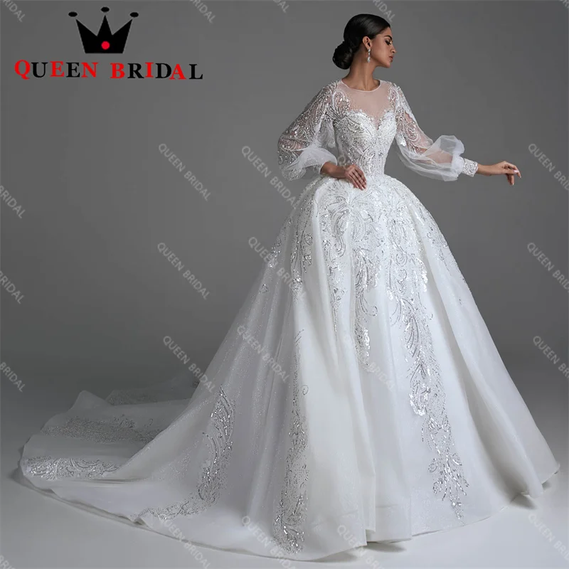 Long Puff Sleeve Shining Lace Wedding Dresses 2023 New Beading Sequined Bridal Ball Gowns Vestido De Noiva Custom D50C