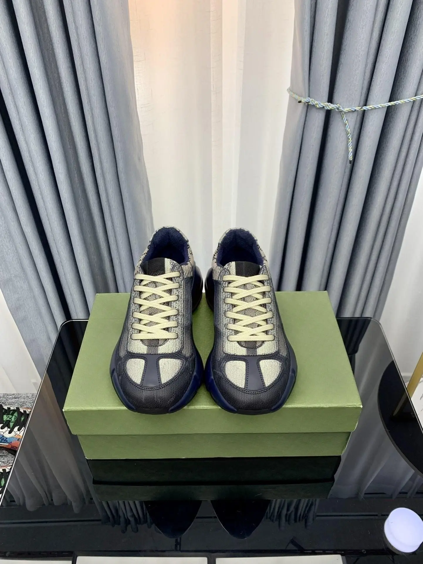Unisex Navy Retro Chunky Dad Sneakers, Jacquard Fabric & Faux Leather Mixed Upper Lace Up Low Top Thick Sole Casual Walking Shoes
