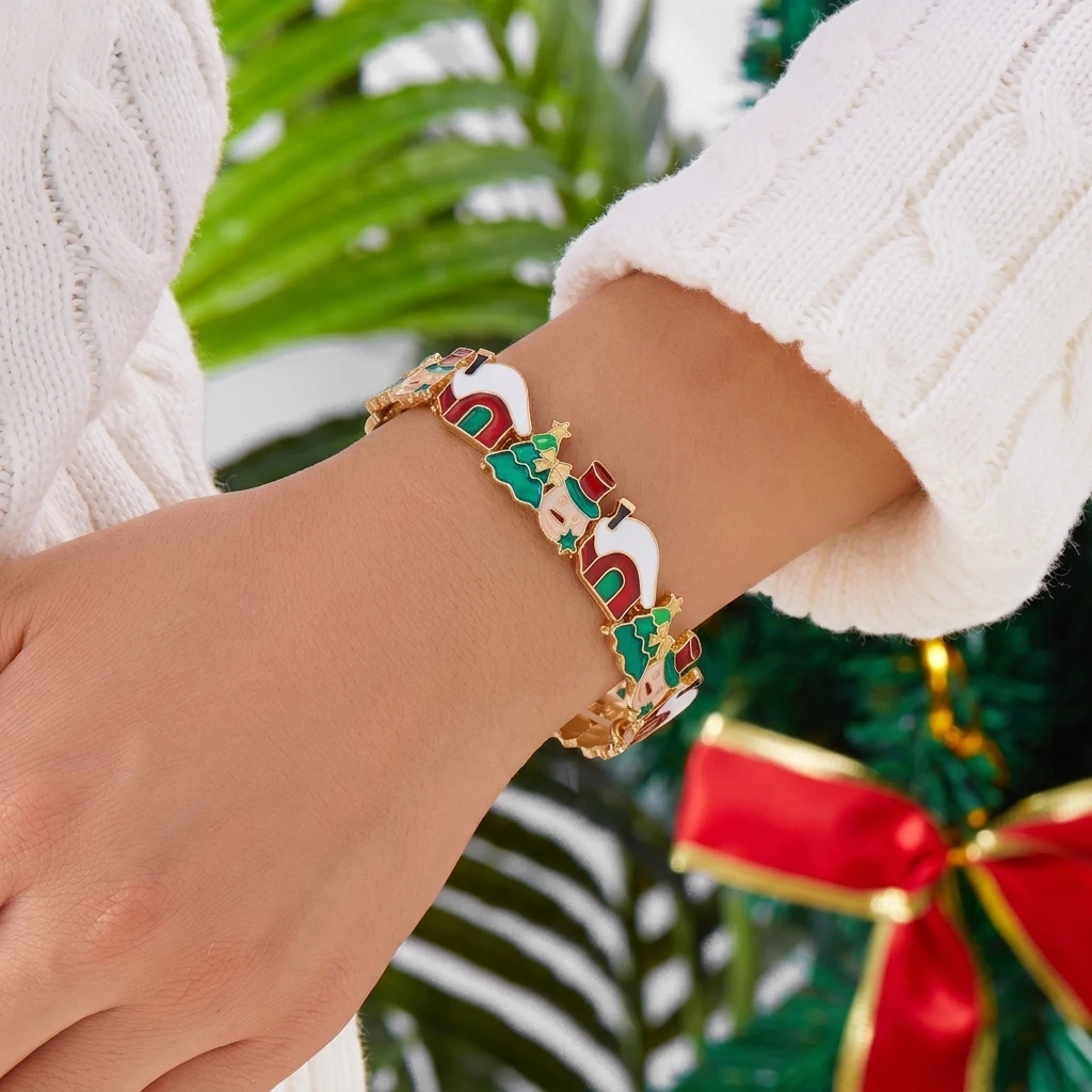 Design Sense Weihnachtsbaum-Emaille-Armbänder für Frauen, niedliche Elch-Glocken-Schneeflocken-Armbänder, ästhetischer Weihnachtsparty-Schmuck – Detail 1