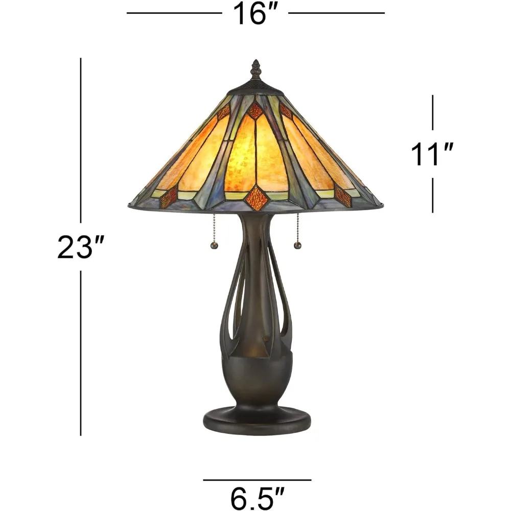 مصباح طاولة بلكنة زجاجية فنية 23 مرتفع مع غطاء معدني عميق، تصميم مهمة على طراز تيفاني تقليدي، لمسة نهائية عتيقة