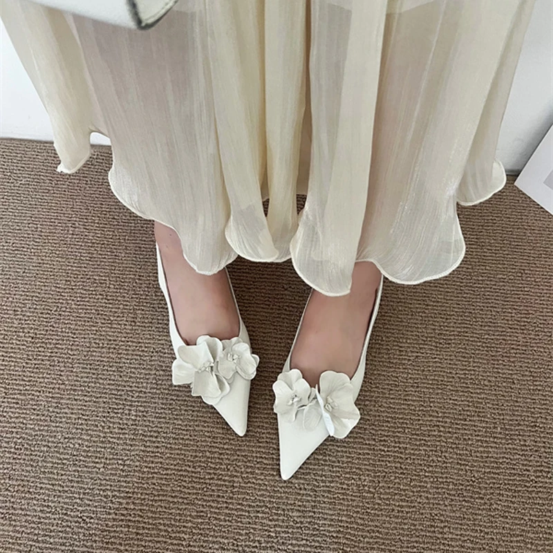 Pink High Heels Sexy Pointed Toe Slingback Shoes Design Flower Low Heel Office  Shoes White Pumps Chaussures Femme