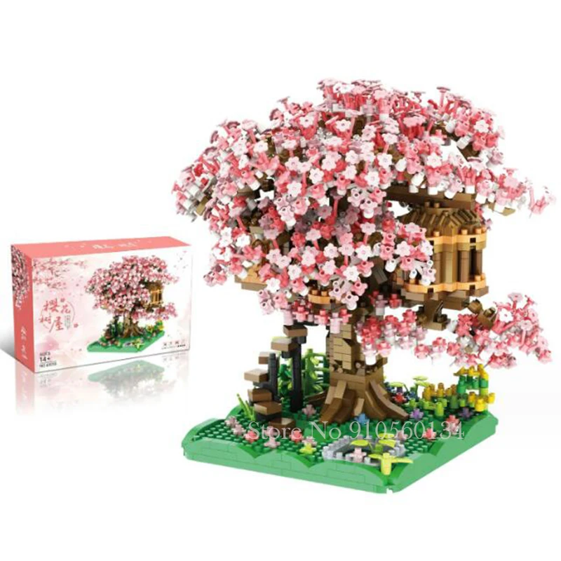 

Mini Sakura Tree House Building Blocks Cherry Blossom Plant City Street View Bricks DIY Model Ornament Toy Children Gift