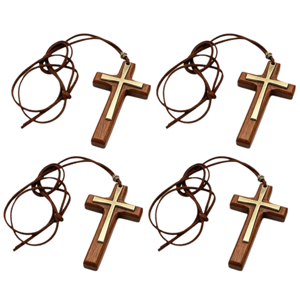 4pcs Pine Wood Material Wood Cross Necklace Cross Shape Light Weight Cross Pendant Necklace Zinc Alloy Frame Smooth Surface