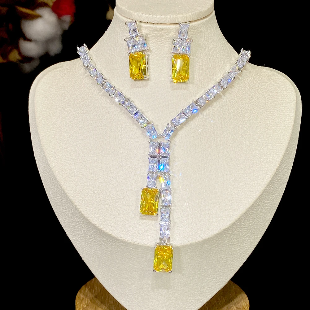 

Bridal Jewelry of Square Cubic Zirconia, Bright Yellow Pendant Necklace Earrings Wedding Party Jewelry Sets Bijoux Femme X248