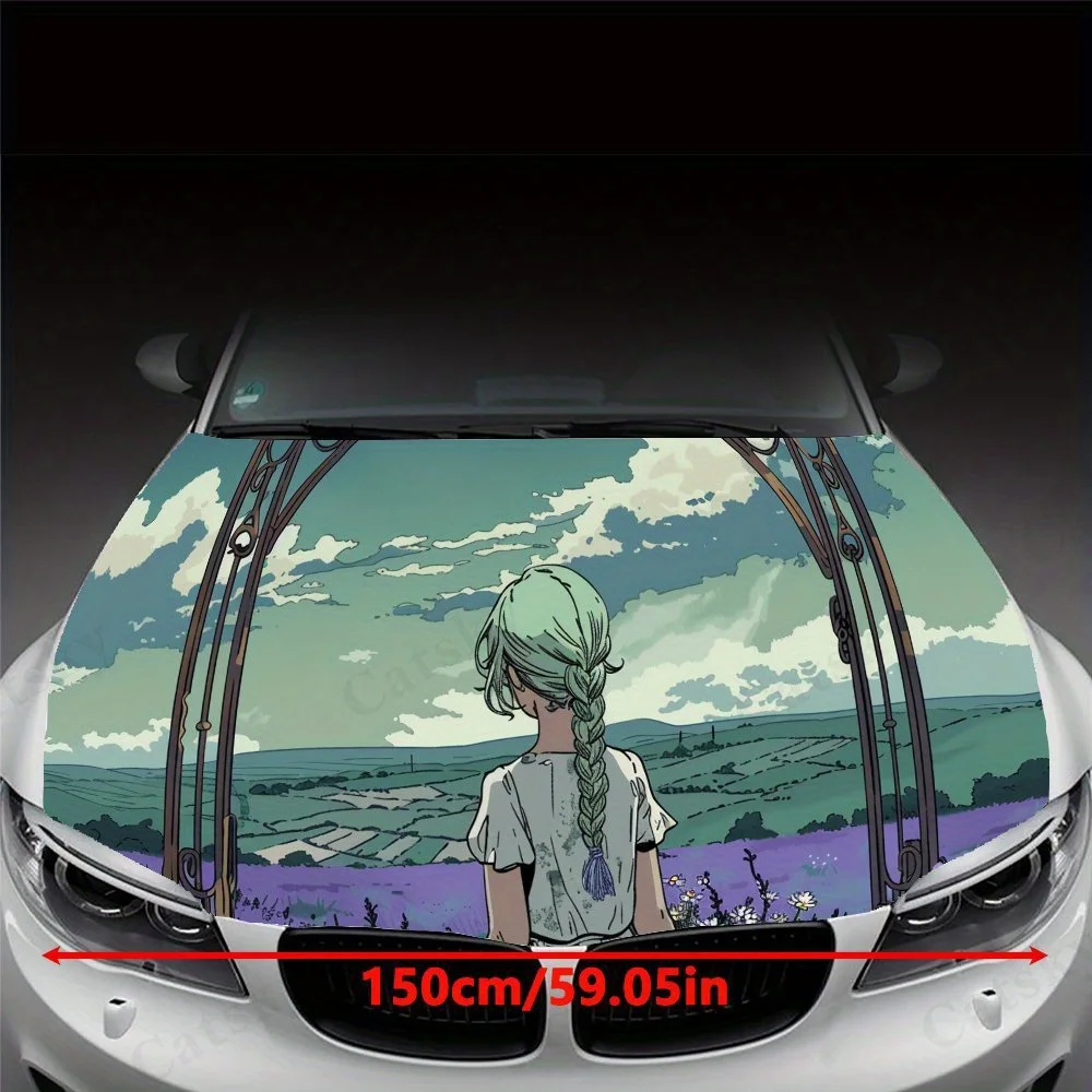 Maiden in Green Field Pattern car hood stickers, waterproof self-adhesive, scratch resistant, easy to stick, durable car PVC sti