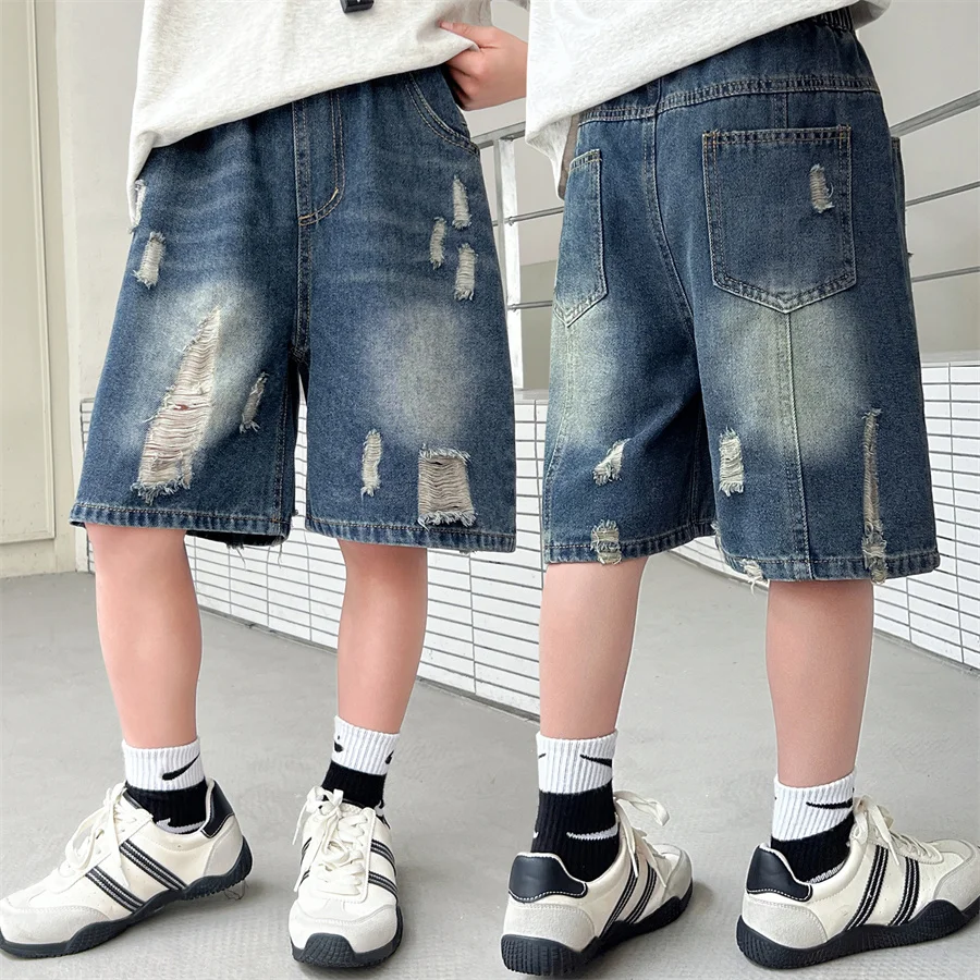

Stylish Kids Children Retro Blue Ripped Denim Shorts with Holes for Tween Boy Summer Knee Length Destroyed Jeans Capris Shorts