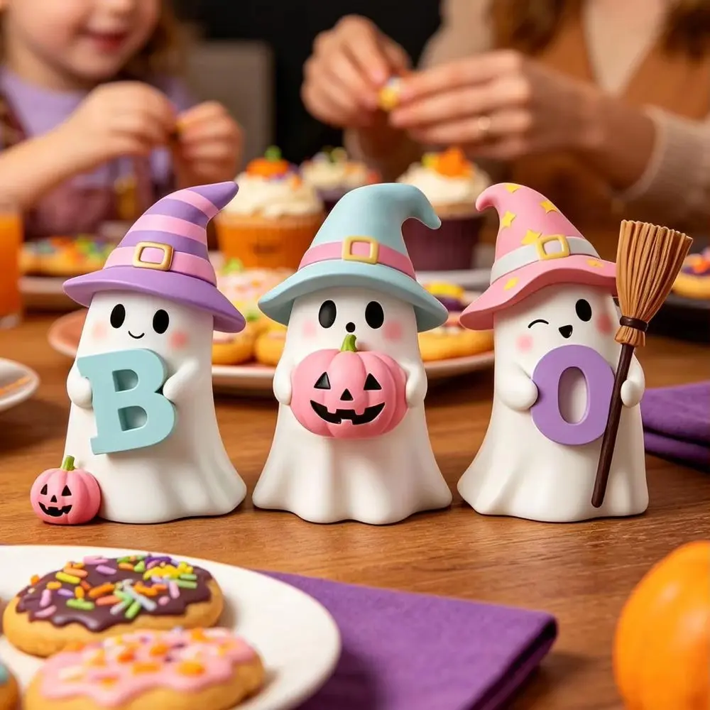 Solid Resin Ghost Figurine Fine Hand Painted Cute Style Halloween Ornament Pink Hand Painted Tabletop Decor Halloween Party