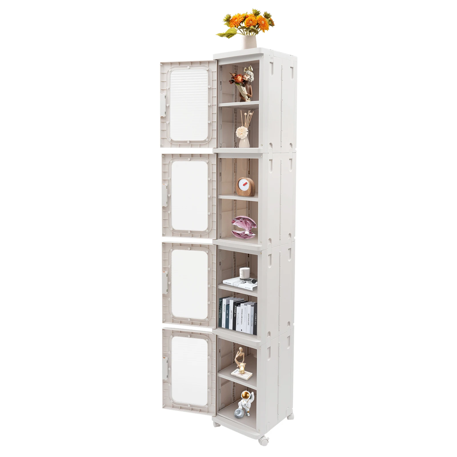 4-Tier Storage Cabinet, Plastic Storage Box for Office Kitchen & Living Room, Transparent Storage Cabinet with Wheels