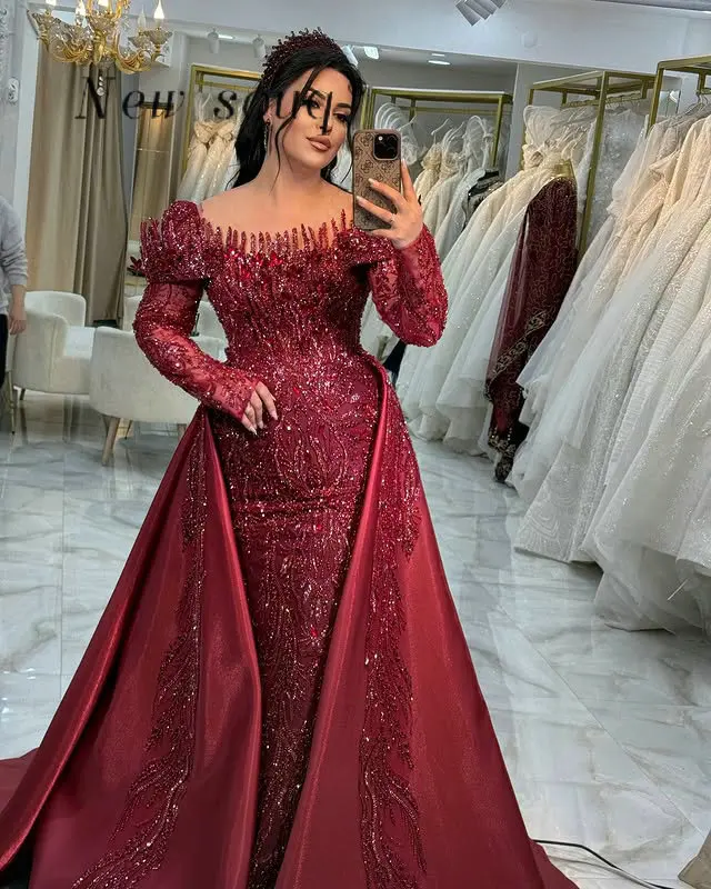 فساتين سهرة مطرزة باللون الأحمر الخمري مع تنورة خارجية دبي العربية في الشرق الأوسط رداء حفلات رسمي مخصص 2026 رداء حفلة موسيقية فاخر