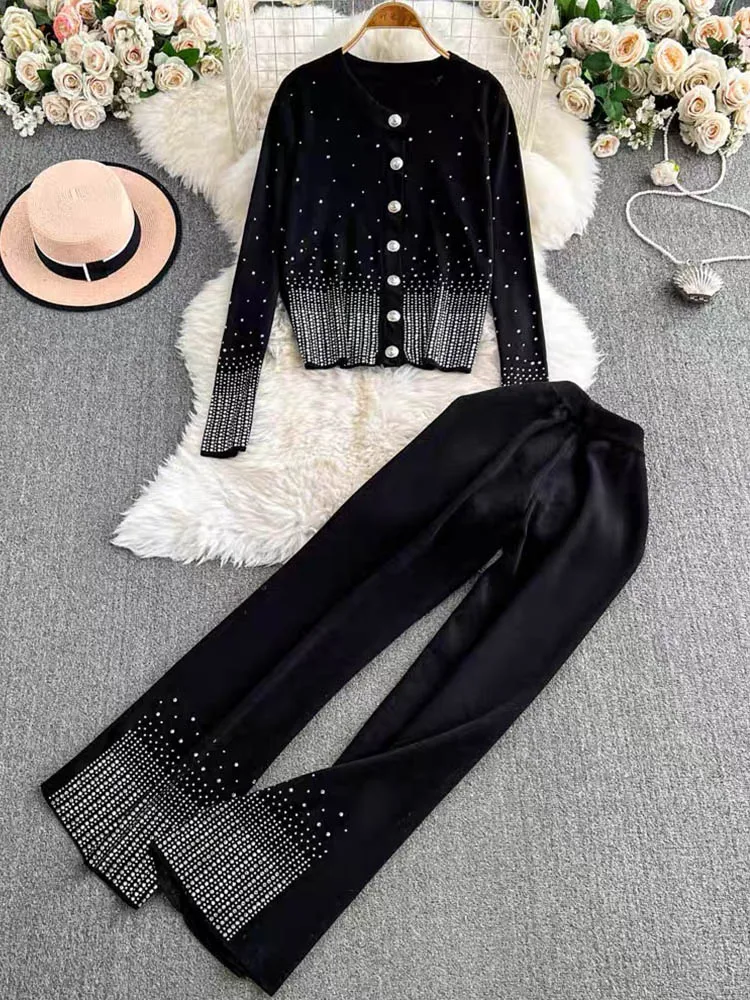 Casual Diamond Studded Single Breasted Knitted Cardigan+Wide Leg Pants Two-Piece Set 2024 New Fashionable Women'S Clothing