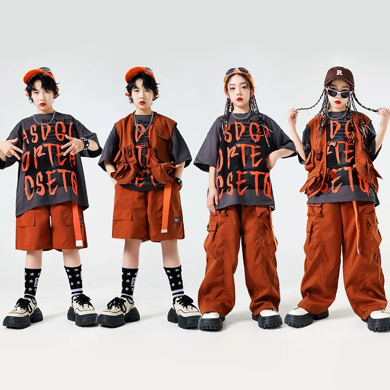 Jazz Dance Stage เครื่องแต่งกายเด็กเสื้อผ้าเสื้อ Hip Hop สีน้ําตาล Shuffle กางเกง Cool Streetwear ชายหญิง Street Dance เสื้อผ้า 1419