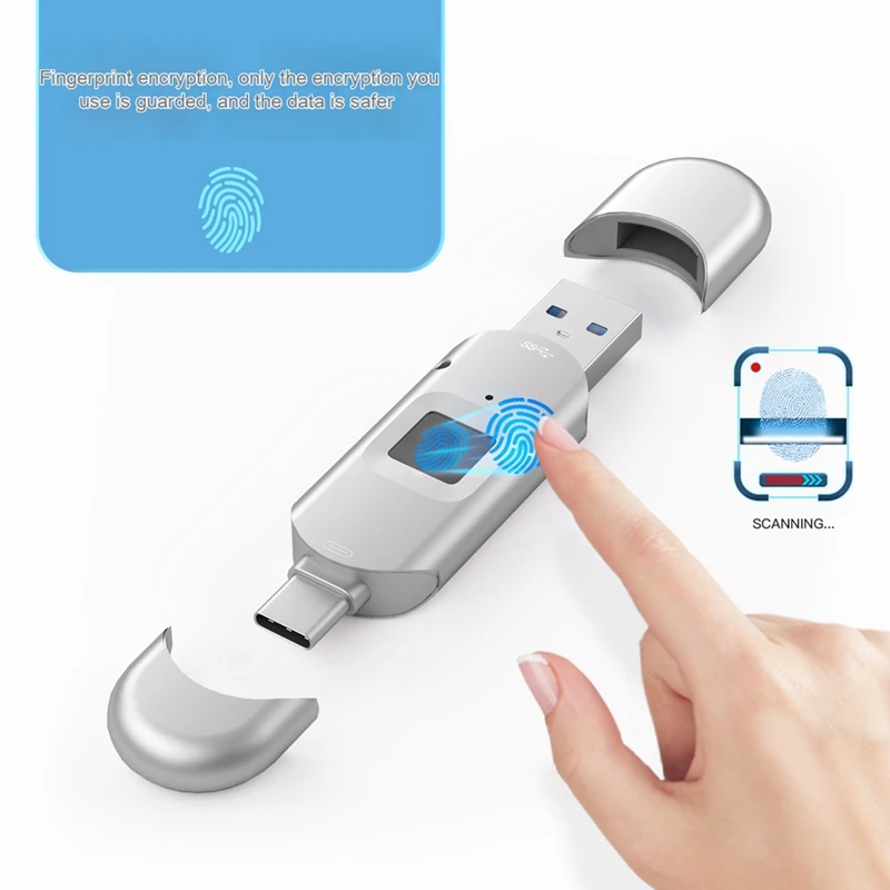 Disco USB criptografado adequado para celular e computador com reconhecimento de impressão digital Apple Type-C 3 em 1