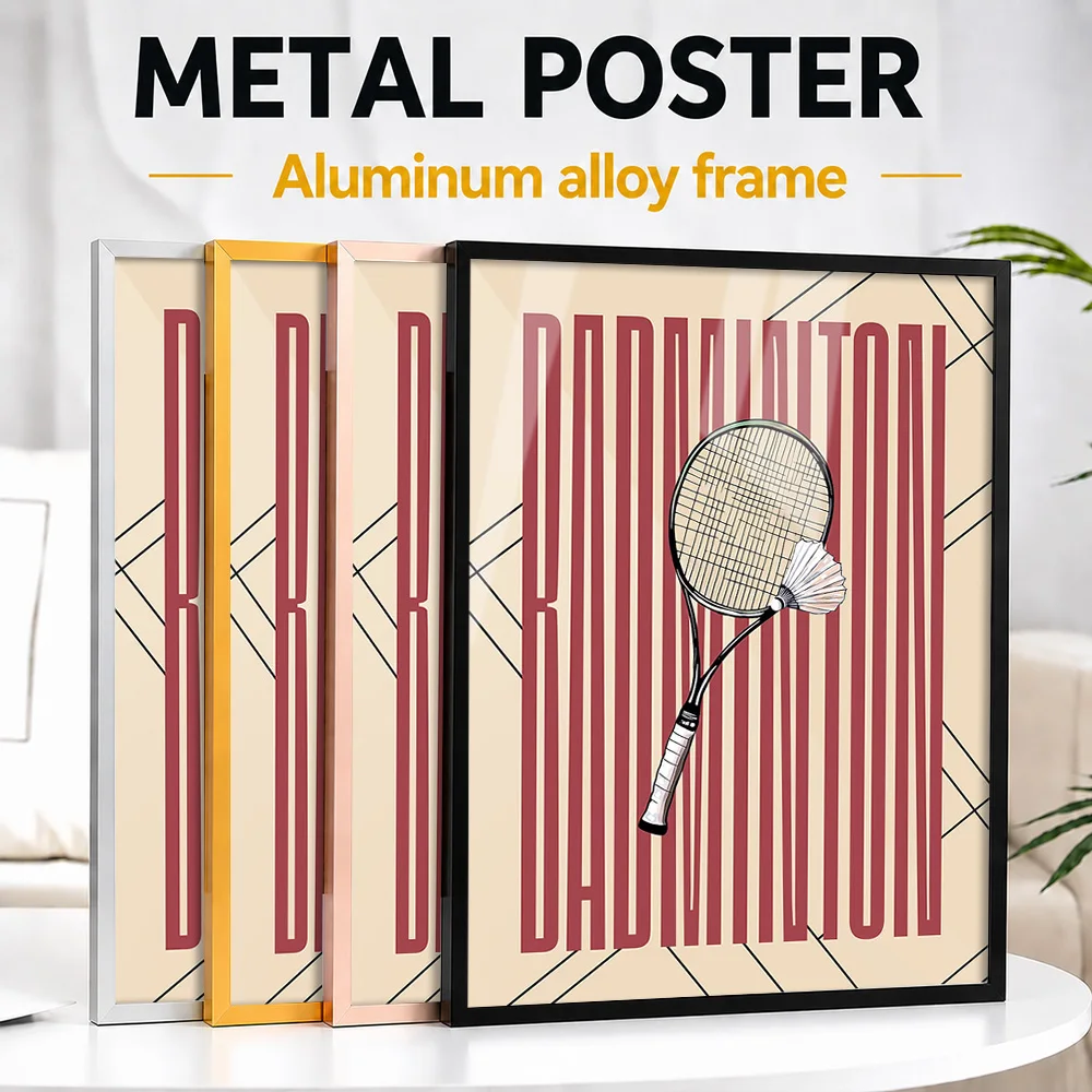Badminton Racket And Shuttlecock Framed Aluminum Metal Poster Personalized Illustrated Wall Art For Clubhouse Reception Area
