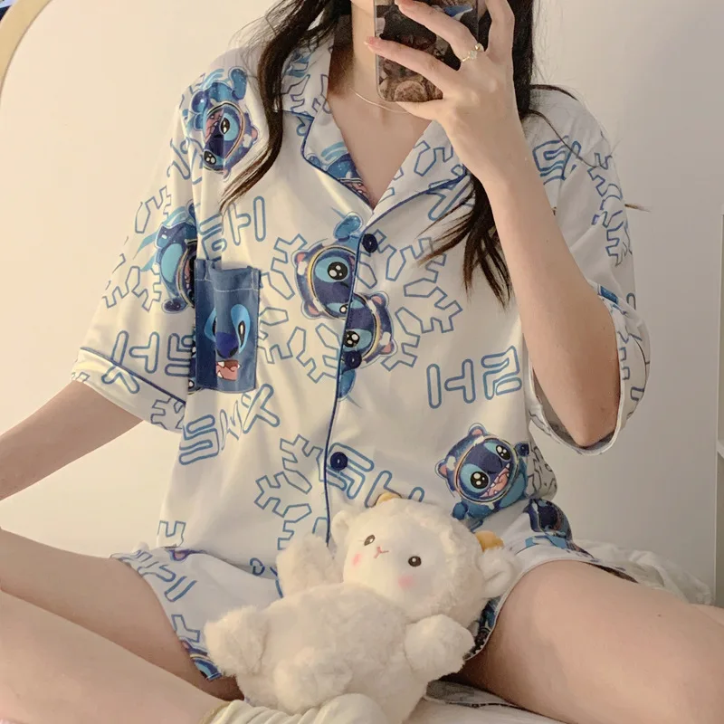 Pajamas Women\'s Summer New Cute Cartoon Stitch Short-sleeved Shorts Lapel Cardigan Thin Pajamas Home Service Suit