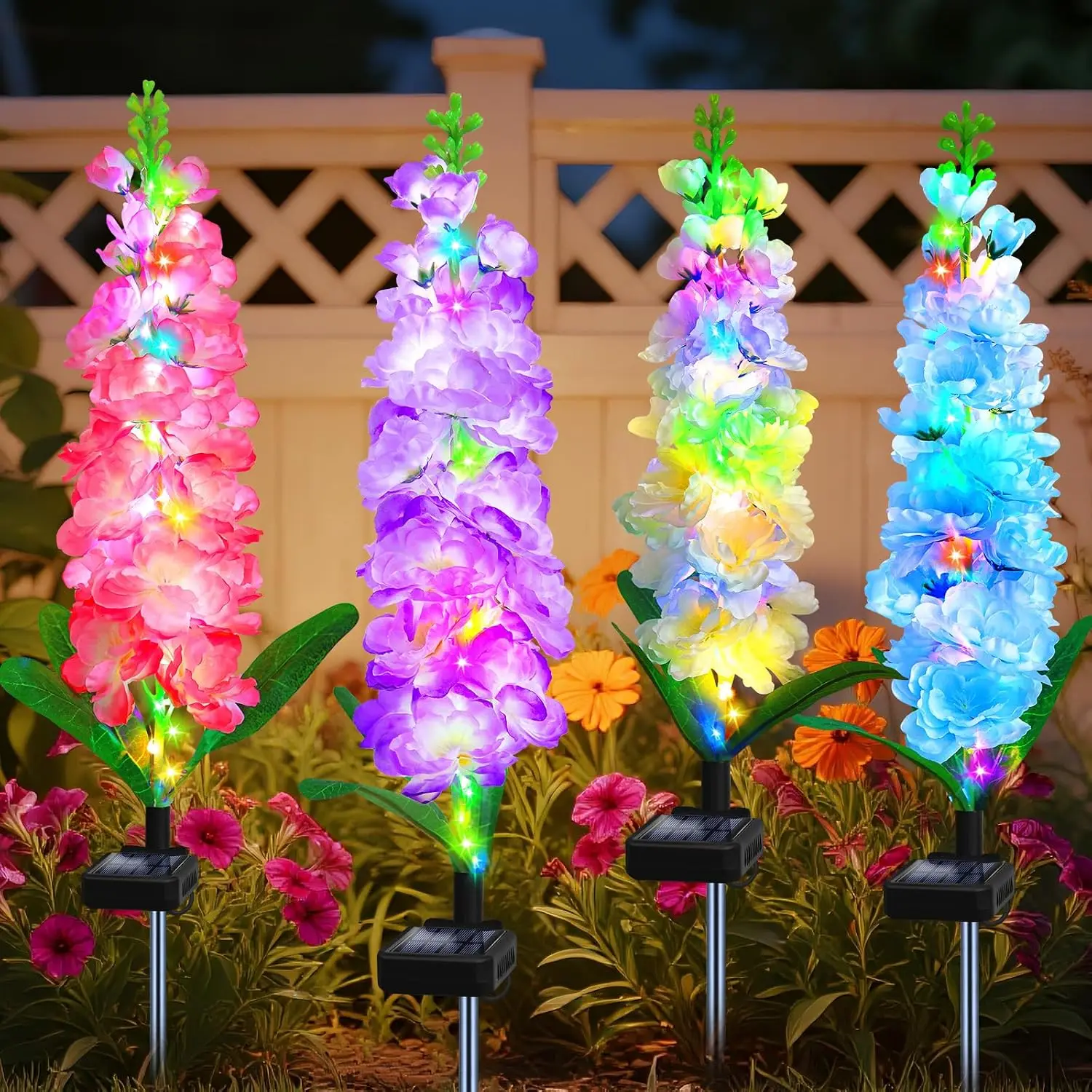 Solar Garden Lights, Solar Delphinium Flowers Lights 4 Pack 80 LEDs, Waterproof Outdoor Light Two Lighting Modes for Outside Wedding Party Garden Yard Patio Lawn Decor