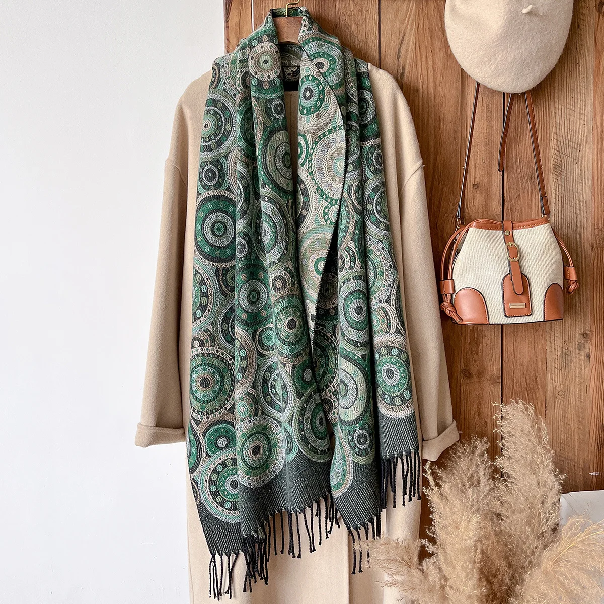 

Circle Autumn and Winter Long Women's Warm Tassel Jacquard Shawl Dual-use Shawl