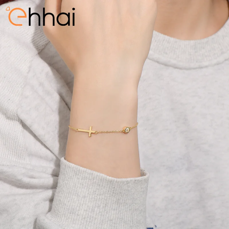 

Ehhai 4mm Round Moissanite Cross Charm Bracelet for Women Real 925 Sterling Silver Chains for Wedding Fine Jewelry Gift Pulseras