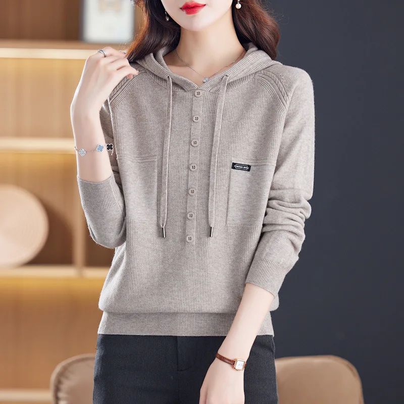 Maglione da donna a maniche lunghe con cappuccio Nuovo lavoro a maglia Abbigliamento donna Primavera Autunno Pollover Top 2025 Tira Femmes Maglieria Camicetta