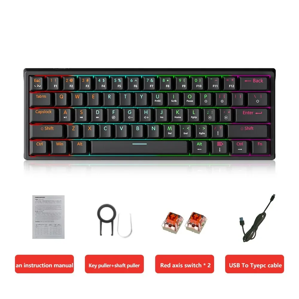 

MUCAI MK61 USB Gaming Mechanical Keyboard 61 Keys Red Switch Wired Detachable Cable RGB Backlit Hot Swappable