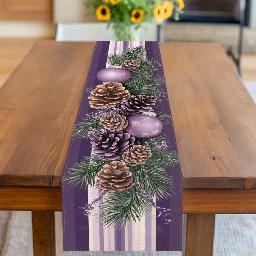 1 Piece of Purple Christmas Pinecone Table Runner, Purple Background Painted Pine Branches, Pine Cones, Purple Decorative Ball Patterns, Suitable for Christmas Dinners, Holiday Parties, Family Gatherings, Themed Cafes, B&B Decorations, Christmas Markets, Warm Tea Parties, Holiday Gifts