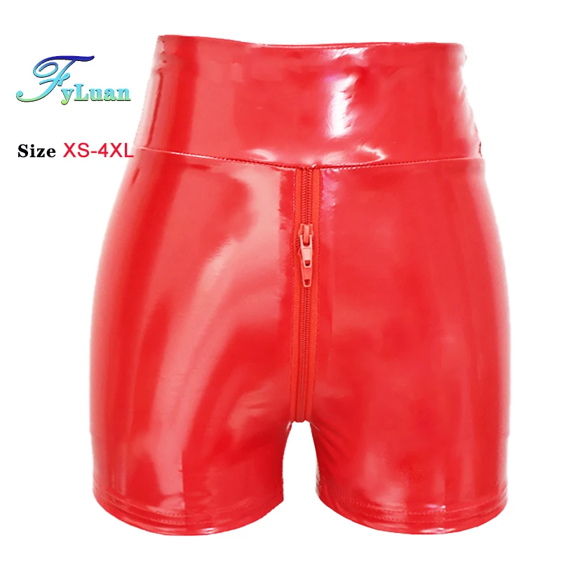 Tight Fitting Short Pants Shine PU Leather Red Double Zipper Womens Elastic High Waist Wetlook Latex Hot Goth Shorts Clubwear