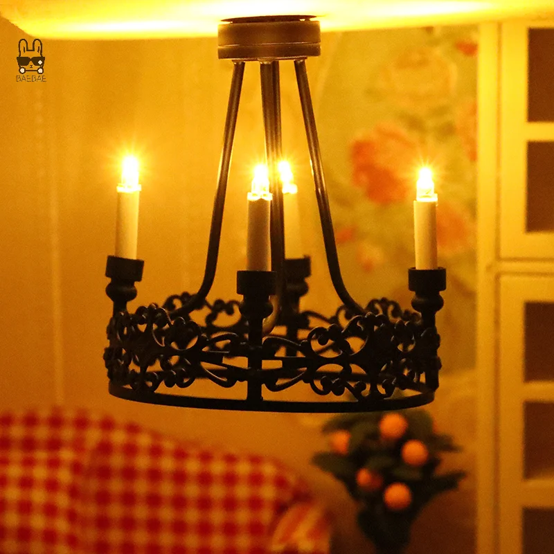 1:12 Dollhouse Miniature LED Light Wall Lamp Black Four-head Round Chandelier Home Lighting Model Furniture Decor Toy