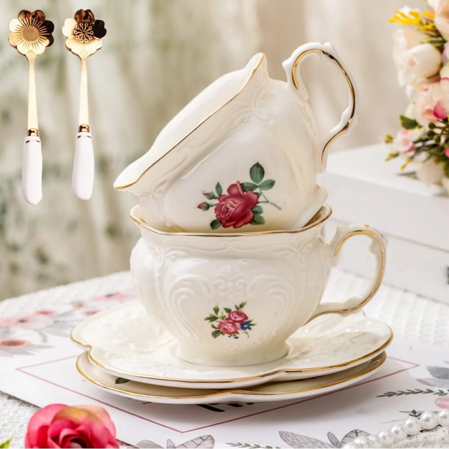 

European Vintage Porcelain Coffee Cup Set - Floral Pattern - Perfect Gift for Coffee & Tea Lovers - Home Décor - 2 pcs, 6.8 oz