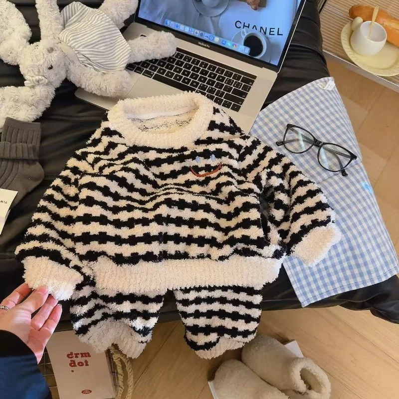 Kids Pajamas Sets Autumn Winter Children's Coral Velvet Sleepwear Stripe Loungewear for Boys Girls Thicken Pijama Teen Clothes